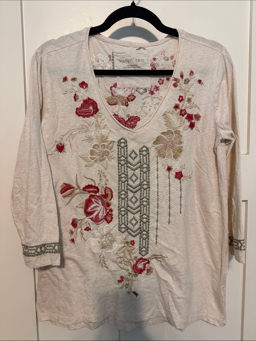 Karyn Seo Heavily Embroidered 100% Cotton Artsy Cream Long-Sleeve V-Neck Top